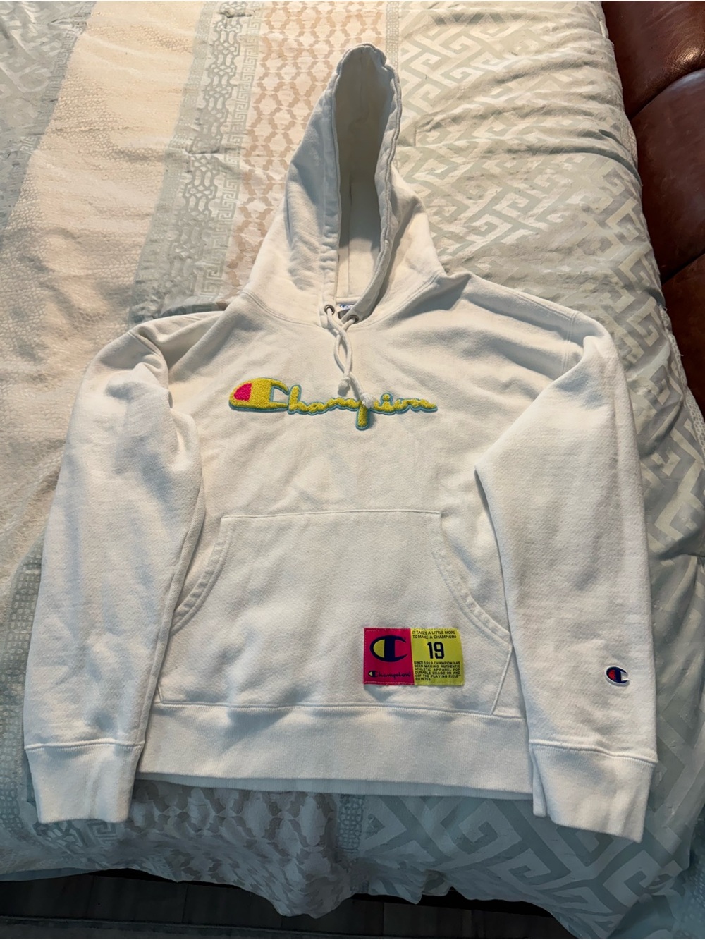 Champion White Hooded Sweatshirt with Blue Logo Tag